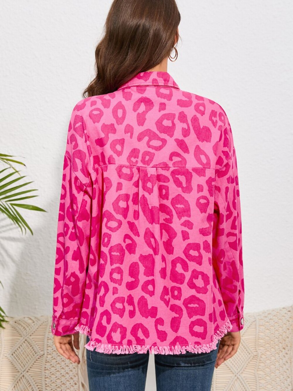 NWOT Pink Leopard Print Button Cuffs Raw Hem Jacket - Picture 2 of 8